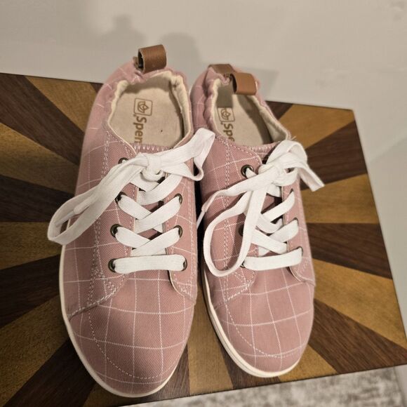 Spenco Canvas Sneakers Womens 7 D Slip On Orthotic Shoes Windowpane Pink Spring - Picture 5 of 13